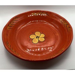 9” Foreside Pottery hand painted serving bowl red with yellow flower